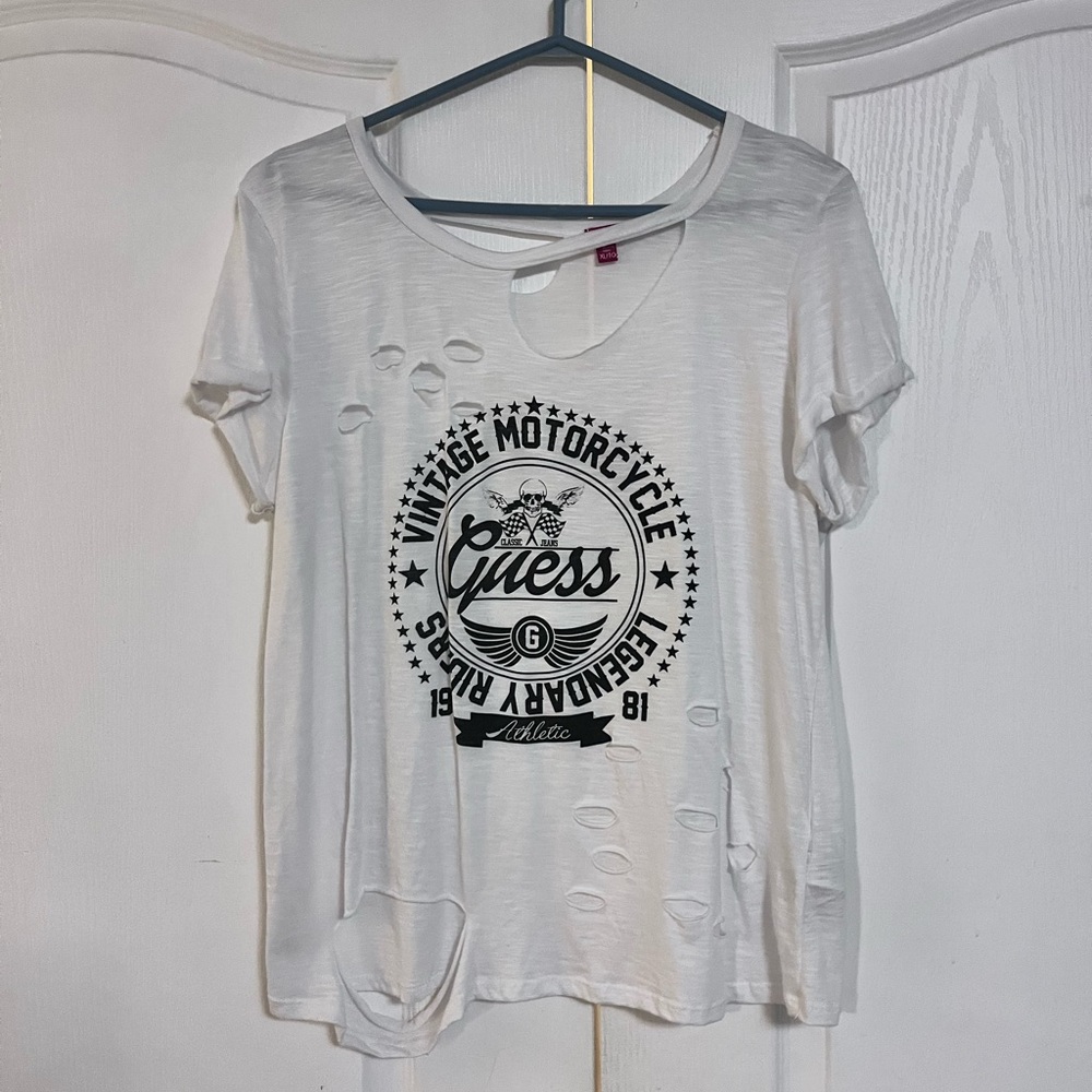 Guess White Distressed Motorcycle Graphic Tee XL